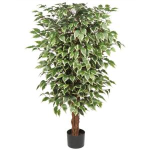 Benjamini Ficus, , grote kunstboom, kamerplant, decoratie met echte houten stam, voor kantoor, decoratie, slaapkamer, eetkamer, binnen, buiten, groen/wit, 123 cm