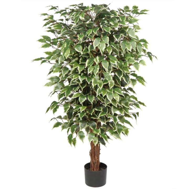Benjamini Ficus, , grote kunstboom, kamerplant, decoratie met echte houten stam, voor kantoor, decoratie, slaapkamer, eetkamer, binnen, buiten, groen/wit, 123 cm