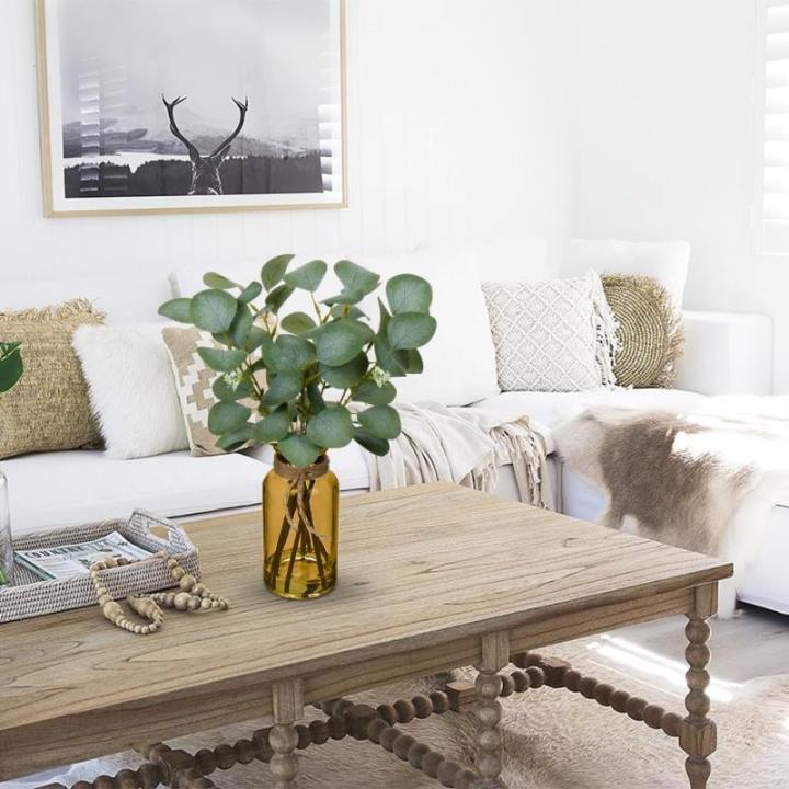35 cm kunstmatige eucalyptus takken met amber glazen vaas, eucalyptus kunststof plant eucalyptus realistische eucalyptus decoratie zilveren dollar voor bruiloft tafeldecoratie kant