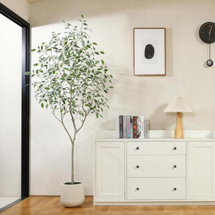 Ficus Benjamina Kunstplant 210 cm, witte pot, nep tropische plastic , groot voor woondecoratie, slaapkamer, tuin (1 stuks)