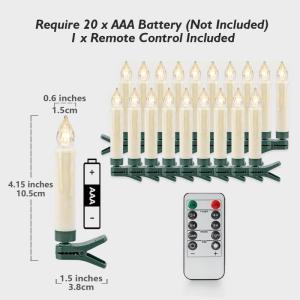 10,5 cm Set van 20 Vlamloze LED Clip Taper Kaarsen met Afstandsbediening voor Kerstboom, Batterij Aangedreven Plastic Mini Clip-On Kaarsen met Timer Wax Druppelen Ontwerp, Indoor e