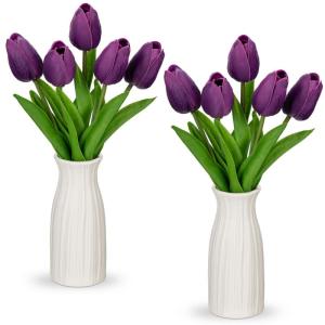 Kunstbloemen, kunsttulpen, net als echte echte tulpen, hoogte 30 cm, met vaas van keramiek, decoratieve kunstplant (paars)