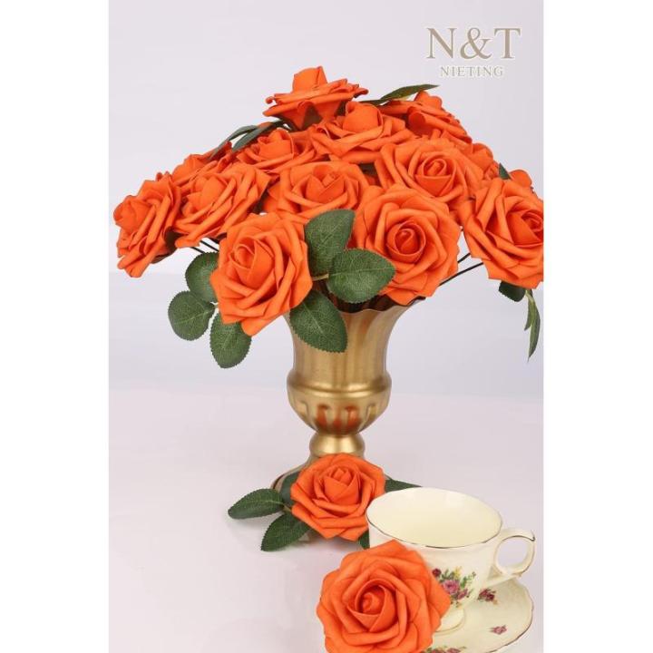 Kunstbloemen voor bruiloft, 25 stuks, kunstrozen met steel, voor Moederdag, doe-het-zelf boho-decoratie, bloemstukken, bloemstukken, boeketten, tafels, woondecoraties, herfstoranje