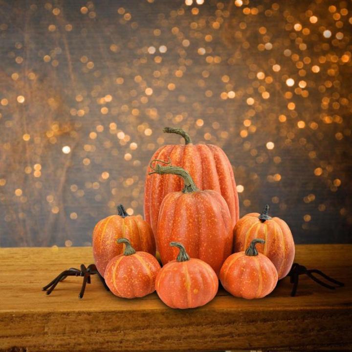 7 stuks kunstpompoenen, pompoen, decoratie, sierpompoen, kunstplantset voor Halloween, decoratie, herfstdecoratieset, 4 maten, geel