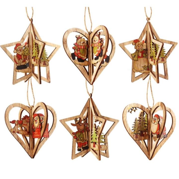 6 kerstboom decoraties houten, 3D kerstdecoratie kerstboom, kerstboomdecoratie met hangtafels van hout,kerstboom decoratie voor het decoreren van kerstboom,DIY Xmas Party Supplies