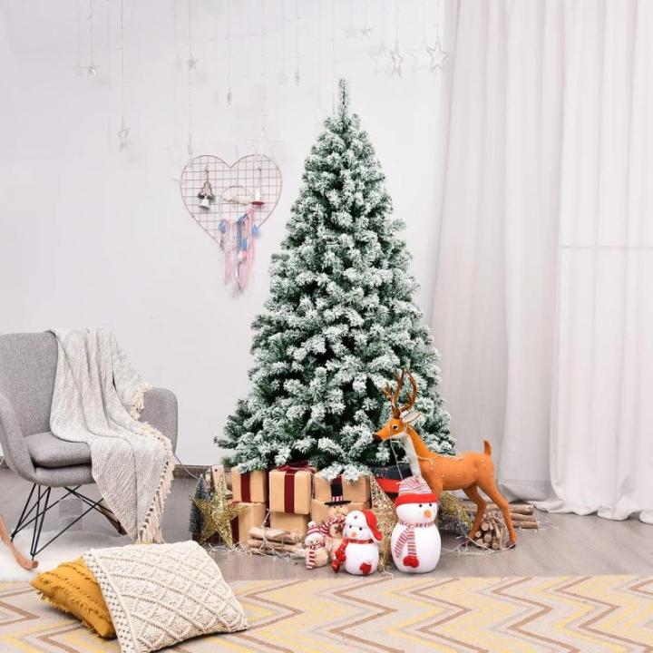 Kunstkerstboom met sneeuw en warmwitte ledverlichting, dennenboom met metalen standaard, pvc-naalden, kunstboom, kerstgroen, 135/180/225 cm