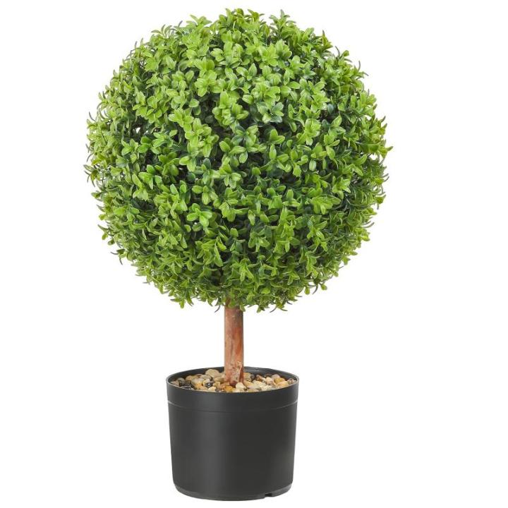 2 x buxusballen, kunstzinnig, Ø 40,6 cm, tuindecoratie, buxus in bloempot, bol, kunstplant van PE, hout, PP incl. 4 stuks decoratieve vlinders en 10 stuks reservebladen