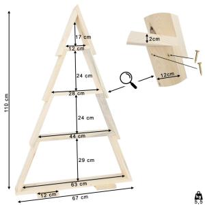 Weihnachtsbaum Holzdekoration mit 4 Regalen für Weihnachtsschmuck. Baumform XLL 110x67, Naturholz in beliebiger Farbe lackiert - fertig zum Bemalen. Dekorativer Baum für Weihnach