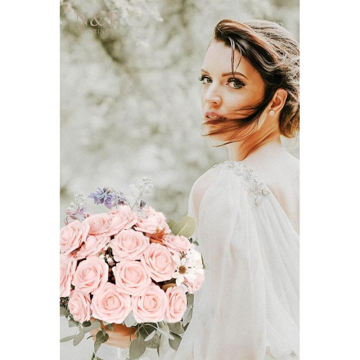 Kunstbloemen, rozen, 25 stuks, decoratieve bloemen, kunstrozen met stelen, Valentijnsdag, Moederdag, bruiloftsfeest, babyshower, woondecoratie, roze (blush pink)