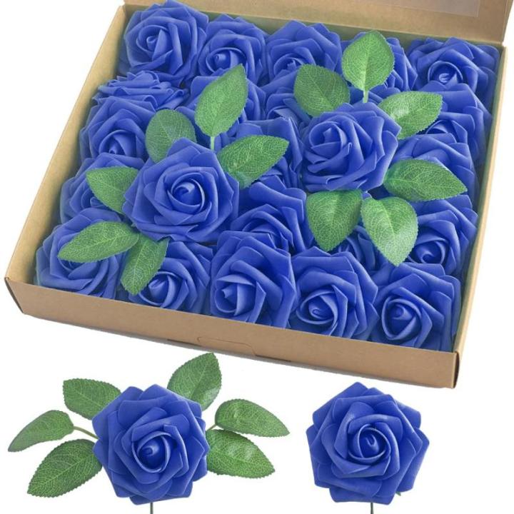 Kunstroos, van schuim met stengel voor thuisdecoratie, bruidsboeketten, feesten, tafelversiering, jubilea, 25 stuks, koningsblauw