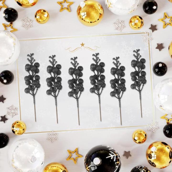 24 stuks glitter zwarte bessen stelen, kunstmatige rode bessen plukken, glitter, zwarte bessen, takken, kerstbessen, steel, picks voor kerstboom, doe-het-zelf, knutselen, bruiloft,