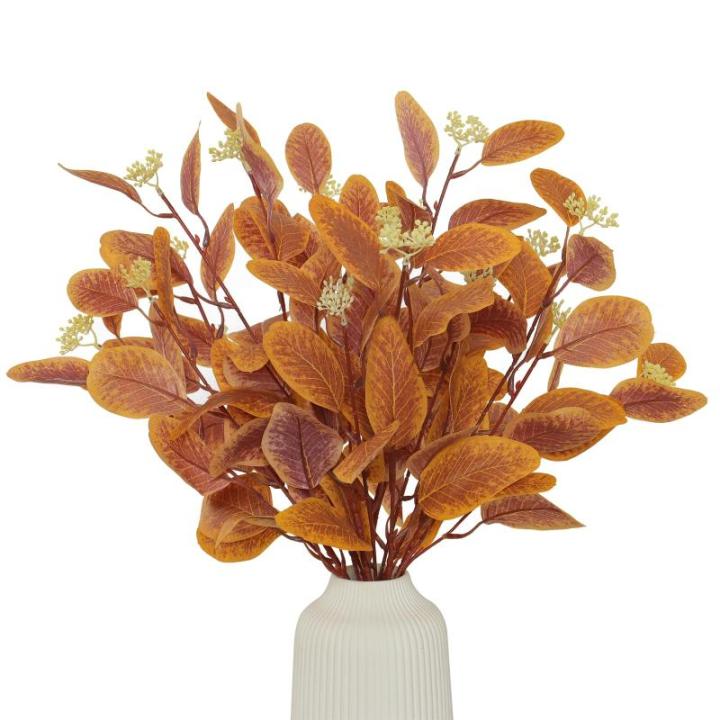 Künstliche Herbst-Eukalyptus-Stiele, künstliche Herbstblätter, grüne Pflanzenzweige mit weißen Samen, gelbem Silber, Dollar-Laub für Hochzeit, Blumenarrangement, Party, Herbs
