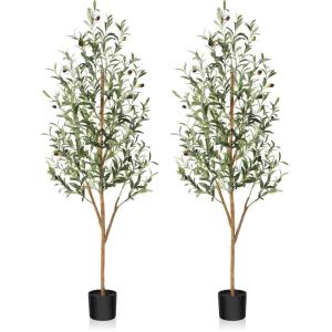 Kunstmatige olijfboom, 150 cm, grote kunstplant met natuurlijke houten stam en vruchten, kunstmatige olijfboom in pot, voor huis, slaapkamer, kantoor, tuin, decoratie (2 stuks)
