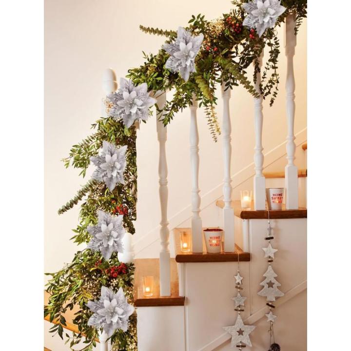 15 stuks 14 cm kerst kunstmatige kerstster bloemen glitter met clips stengels kerstboom ornamenten voor krans feest bruiloft Nieuwjaar decoratie (zilver)