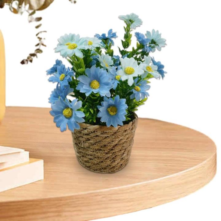 Künstlicher Gänseblümchentopf, kleine Kunstpflanzen mit Topf - Blumenarrangement mit Gänseblümchen im Rattantopf,Seidiger künstlicher Gänseblümchen-Rattan-Topf-Bonsai für 