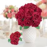 50Pcs Rote Rosen Künstliche Blumen, Dunkel Rot Rosen Schaum Gefälschte Rosen Blumen Bulk mit Stiel DIY für Hochzeit Brautsträuße Mittelstücke, Valentinstag, Muttertag, Party 