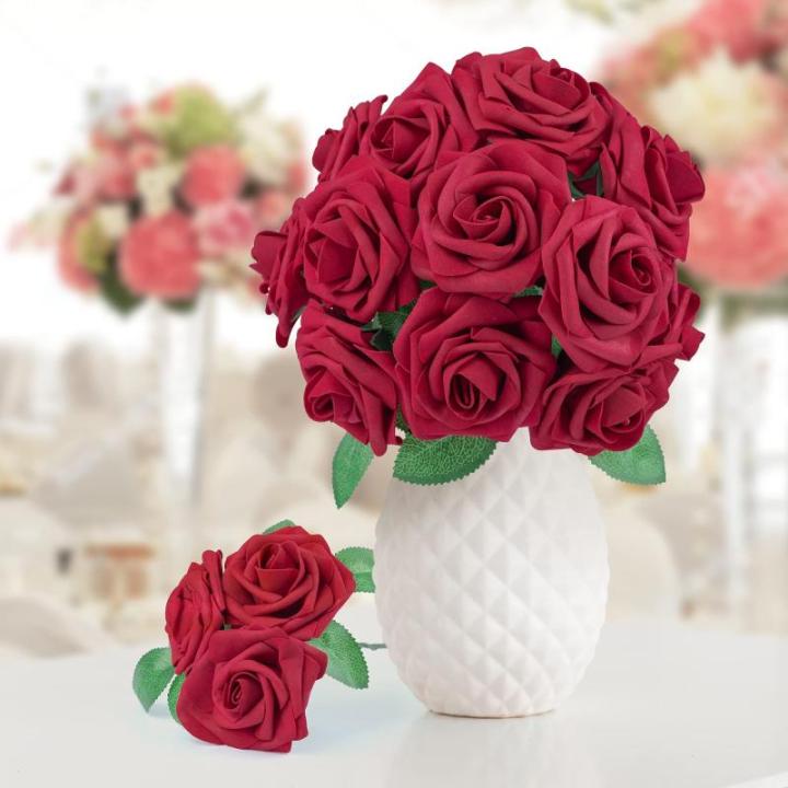 50Pcs Rote Rosen Künstliche Blumen, Dunkel Rot Rosen Schaum Gefälschte Rosen Blumen Bulk mit Stiel DIY für Hochzeit Brautsträuße Mittelstücke, Valentinstag, Muttertag, Party 