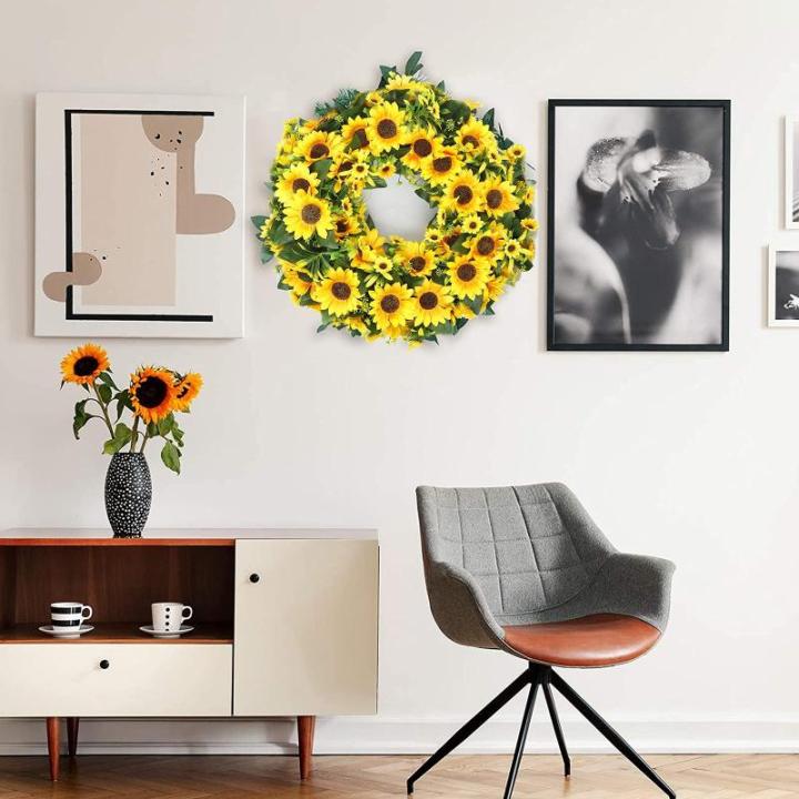 Set van 2 hangende zonnebloemslingers, kunstmatige zonnebloemslinger, zijden zonnebloemrank, hangende slinger met groene bladeren, nepbloemstuk voor bruiloftsfeest, woondecoratie