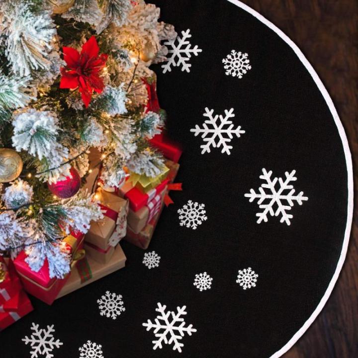 Zwarte kerstboomrok, witte sneeuwvlok, bedrukt, jute kerstboomtapijt, ornamenten, decoratie voor Kerstmis (76 cm)