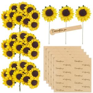 100 stuks kunstzonnebloemen, 3,5 cm, met 90 stickers, decoratieve bloemen, klein met metaaldraad, met steel, feest, bruiloft, doe-het-zelf, plakboek, kaarten, decoratie, lichtgeel
