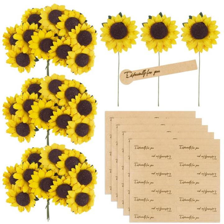 100 stuks kunstzonnebloemen, 3,5 cm, met 90 stickers, decoratieve bloemen, klein met metaaldraad, met steel, feest, bruiloft, doe-het-zelf, plakboek, kaarten, decoratie, lichtgeel