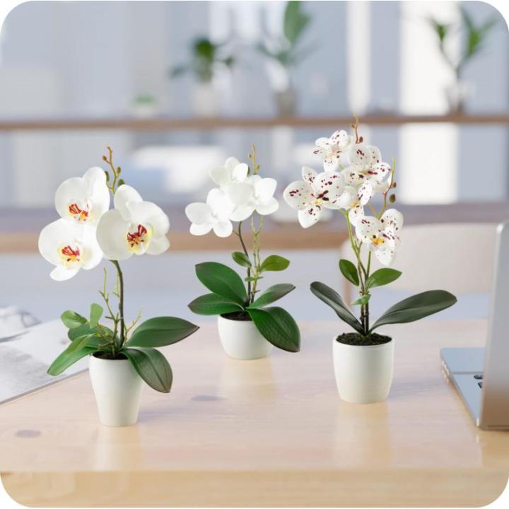 in pot (35 cm), set van 3 kunstorchideeën, kunstmatig afgestemde arrangement in hoogglans-keramische potten, decoratieve bloemen, kunstorchideeën (wit-arrangement)