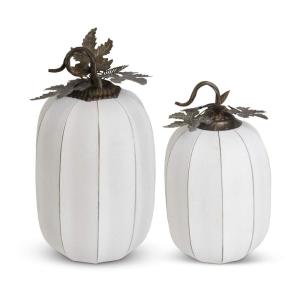 K&K Interiors 41552E-WH pompoen van splitleer, met metalen steel en bladeren, wit, 2 stuks