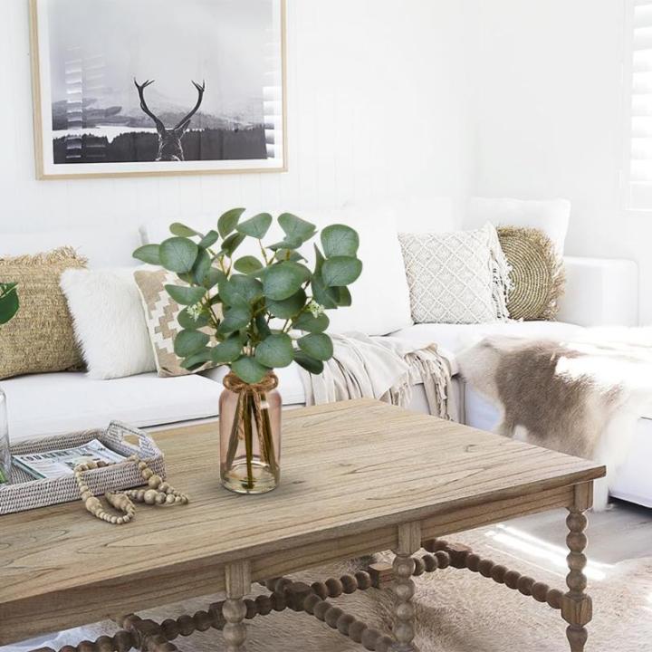 Kunstmatige eucalyptus takken met glazen vaas, eucalyptus kunststof plant, eucalyptus, realistische eucalyptus, decoratie, zilveren dollar voor bruiloft, tafeldecoratie, kantoor, w
