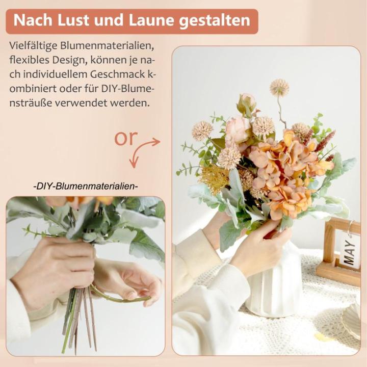 , hortensia, rozen, eucalyptus, paardenbloem met stelen als echte grote bundel, kunstboeket, nepbloemen voor doe-het-zelf bruiloftsboeket, feest, thuis, tafeldecoratie