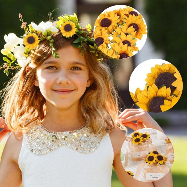 Kunstzonnebloemen, decoratie, 100 stuks met 5 stickers, enkele steel, zijde, zonnebloem als echt, nep zonnebloem, gele bloemen, voor bruiloft, feest, doe-het-zelf, uitnodigingskaar