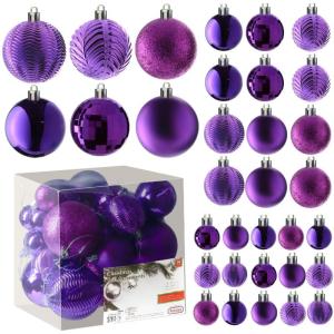 paarse kerstbalornamenten voor kerstversiering - 36 stuks kerstboom onbreekbare ornamenten met ophanglus voor vakantie- en feestdecoratie (combo van 6 stijlen in 3 maten)