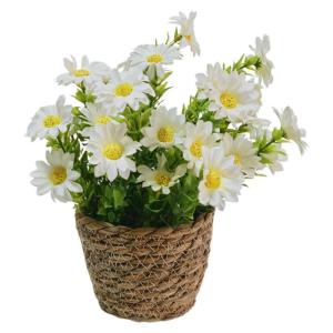 Künstliche Blumen im Topf,Künstliche Topfblumen,Blumenarrangement mit Gänseblümchen im Rattantopf | Seidiger künstlicher Gänseblümchen-Rattan-Topf-Bonsai für die Tischdekor