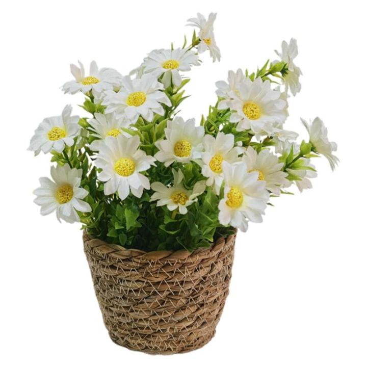 Künstliche Blumen im Topf,Künstliche Topfblumen,Blumenarrangement mit Gänseblümchen im Rattantopf | Seidiger künstlicher Gänseblümchen-Rattan-Topf-Bonsai für die Tischdekor
