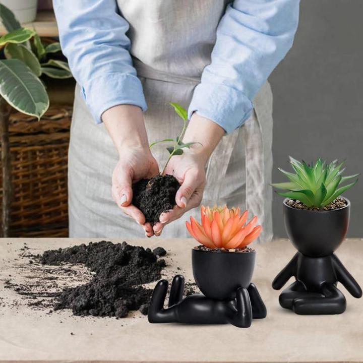 Leuke mini-bloempotten van keramiek, met kunstmatige vetplanten, 2 stuks creatieve kleine figuren voor binnen, kleine bloempotten voor tafel, terras, woondecoratie (zwart)