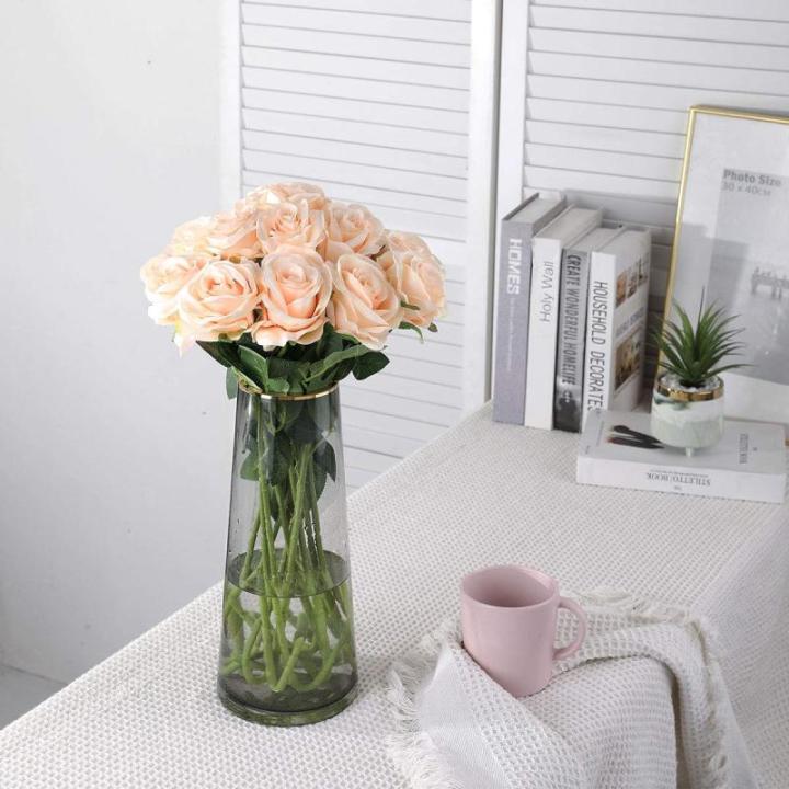 Kunstmatige Zijde Roos Bloem Enkele Stam Levensechte Nep Roos voor Bruiloft Boeket Bloemenarrangementen Huis Feest Bloemstuk Decoratie, 10 stuks (Champagne)