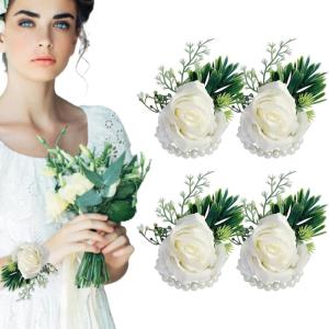 Rose Corsage Armband 4PCs Blumenhandgelenk Corsages mit Perlenkünstlernblumenarmbändern Hochzeit Brautjungfern Corsages für Brautduschen Abschlussball, Corsage Armband