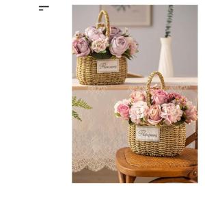 Kunstblumen Künstliche Blumen mit Vase, künstliche Hortensien mit Stroh-Handblumenkorb, künstliche Pflanzen-Dekor – Seidenrosen-Ornamente für jeden Anlass