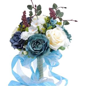 Hochzeitsstrauß for die Braut mit künstlichen Blumen, 10-Zoll-Hochzeitssträuße, künstlich blühende Rosen, Brautjungfernstrauß, Seidenrosen-Wurfsträuße.(Blue)
