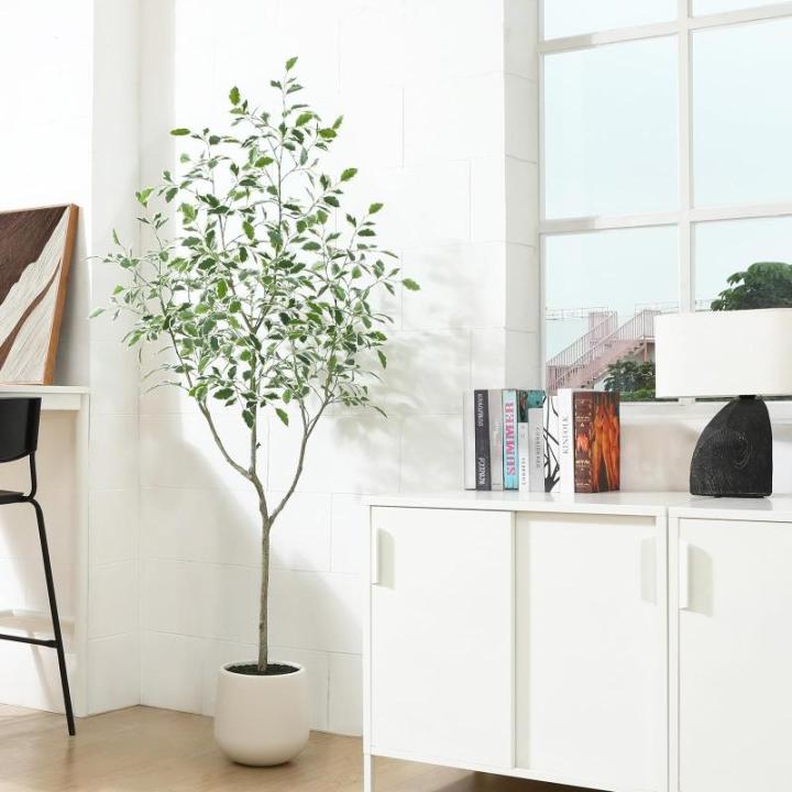 Ficus Benjamina Kunstplant 180 cm, witte pot, nep tropische plastic , groot voor woondecoratie, slaapkamer, tuin (1 stuks)