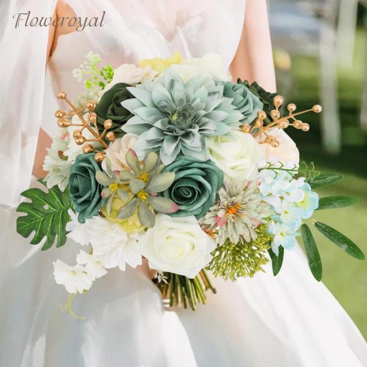 Künstliche Blumen Combo Grüne Blumen Mix Seidenblumen Dahlie Rosen mit Stielen für DIY Hochzeit Brautsträuße Babyparty Blumenarrangement Tischaufsätze Heimdekorationen
