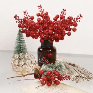 18 stuks kunstbessentakken, glitter, decoratie, Kerstmis, hulst, bessen, kunstbessen, voor kerstboom, decoratie, doe-het-zelf krans, slinger