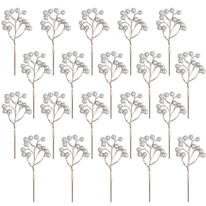 20 Pack 18cm Künstliche Silber Beeren für Weihnachtsbaum Deko Stechpalmenbeeren Zweige Dekorationen für Weihnachten Zuhause Holly Beeren für Handwerk Winter Urlaub Hochzeit Dek