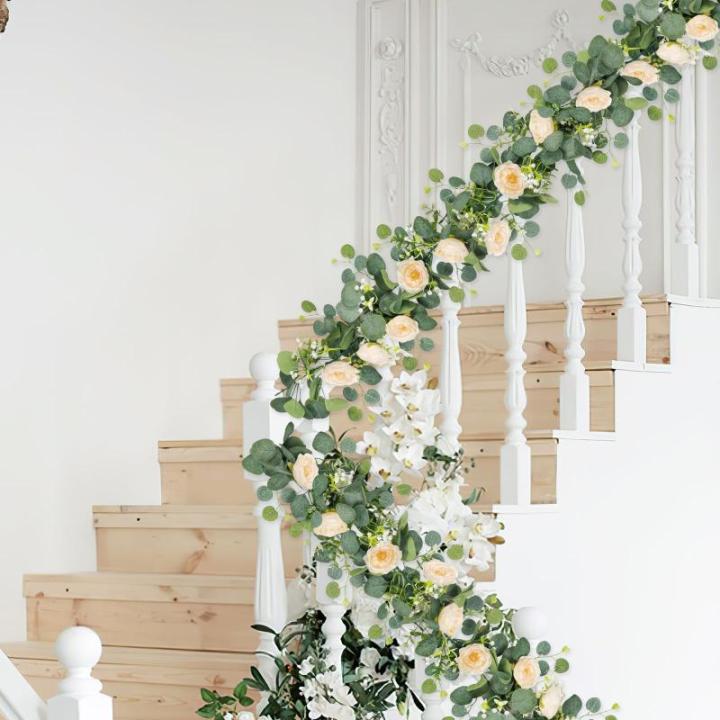 Künstliche Eukalyptus-Blumengirlande mit Champagnerrose, Seidenblumen, Grün, Girlande, Kunstschleierkraut, Efeu, für Hochzeit, Zuhause, Weihnachten, Party, Tischläufer, Dekorat