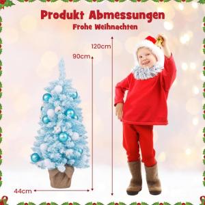 90 cm Mini künstlicher Weihnachtsbaum, 2 er Set Tannenbaum klein mit Schnee & Zementbasis, Chirstbaum mit 136 Spitzen, 12 Wattekugeln & 24 Weihnachtskugeln, Kunstbaum für Zuhause