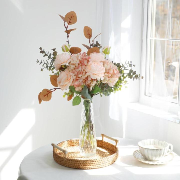 Meervoudig vertakte , roze roos, als echte hortensia, appelbladeren, groot zijden boeket, geschikt voor doe-het-zelf bruiloftsfeest, tafeldecoratie, bloemenarrangement, huis en