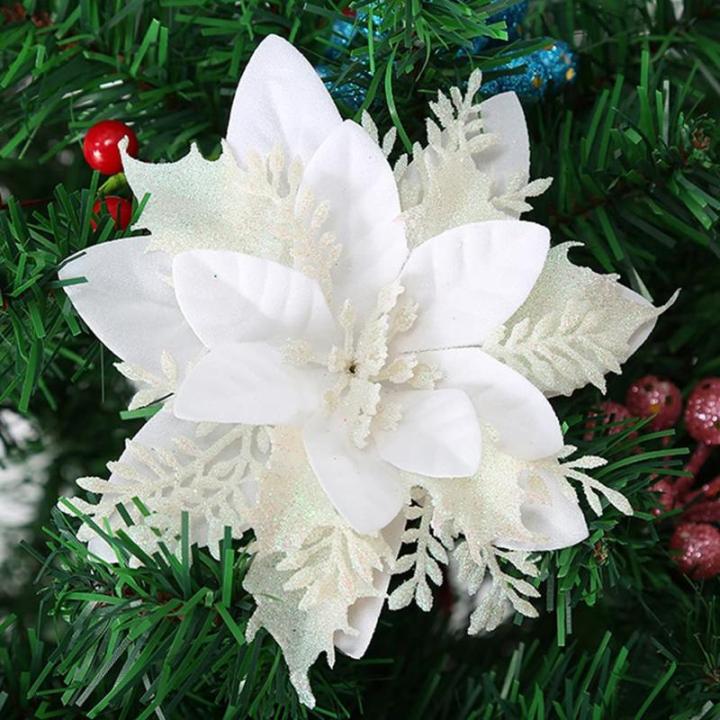 GL-Turelfies 12 STK. Glitzer Weihnachtsblumen (15cm/5,9'') mit 12 STK. Clips Künstliche Weihnachtsstern Blumen Weihnachtsbaum Blumenschmuck Weihnachtsbaum Ornamente (Weiß)