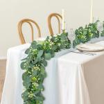 2 stuks kunstmatige eucalyptus slingers, slingers, slinger met groene bladeren, witte bloemen, slinger, kunstplant, hangplant voor achtergrond, bruiloft, decoratie, tafelloper, mid