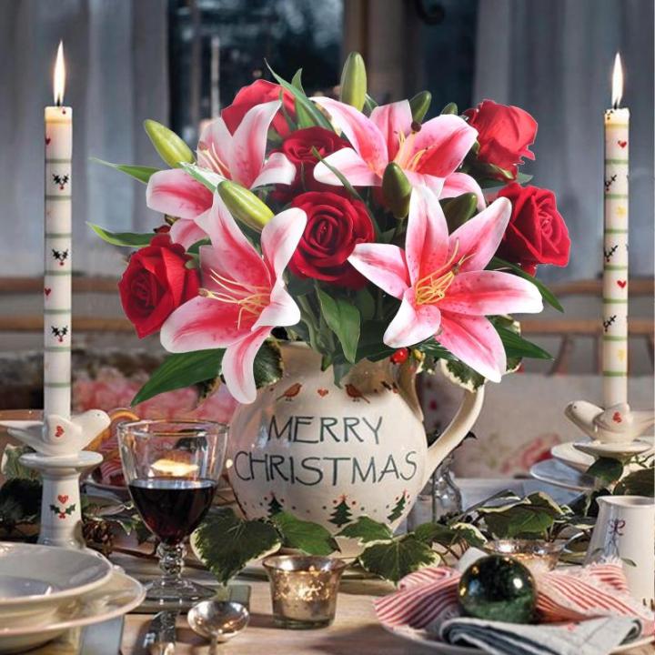 11xkünstliche Blumen, rote künstliche Rosen und rosa Tigerlilie, Seidenblumenstrauß für Hochzeit, Blumenarrangement, Geschenk, Party-Dekoration (Vasen nicht im Lieferumfang ent