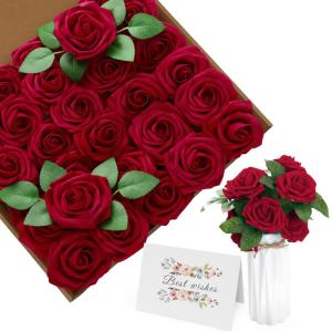 Kunstbloemen, rode rozen, 30 stuks, 8 cm, boeket, kunstdecoratie, bloemen, kunstrozen met stelen en kaart voor Valentijnsdag, tuin, verjaardag, feest, doe-het-zelf bruiloftsdecorat