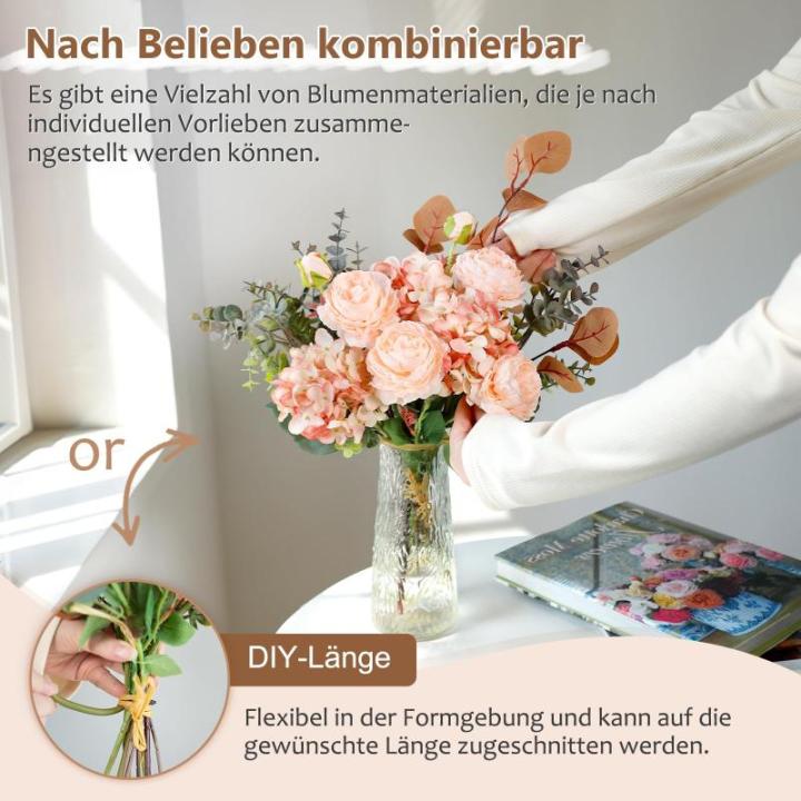 Meervoudig vertakte , roze roos, als echte hortensia, appelbladeren, groot zijden boeket, geschikt voor doe-het-zelf bruiloftsfeest, tafeldecoratie, bloemenarrangement, huis en